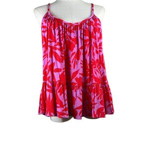 LOFT Tropical Leaf Print Swing  Cami Top Size M Red Pink Cross Back Ruffle Hem